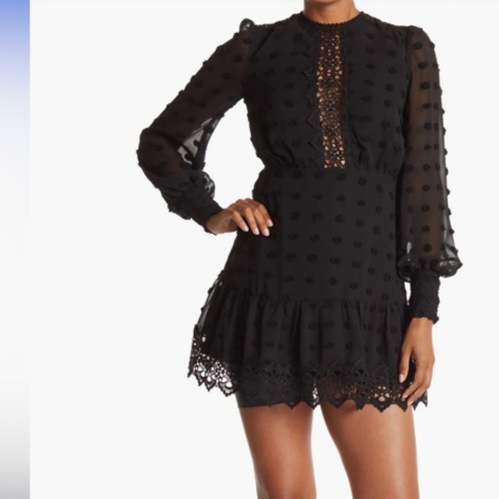 Love X Design Rina Black Swiss dot Tiered lace trim long sleeve mini dress Sz 3X